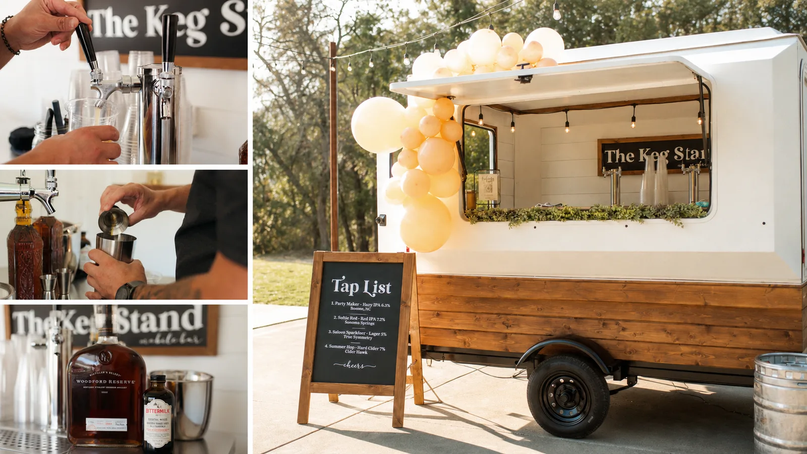 Close-up of the Keg Stand mobile bar in service — taps and bourbon on the bar, trailer set up under balloon arch at a daytime event